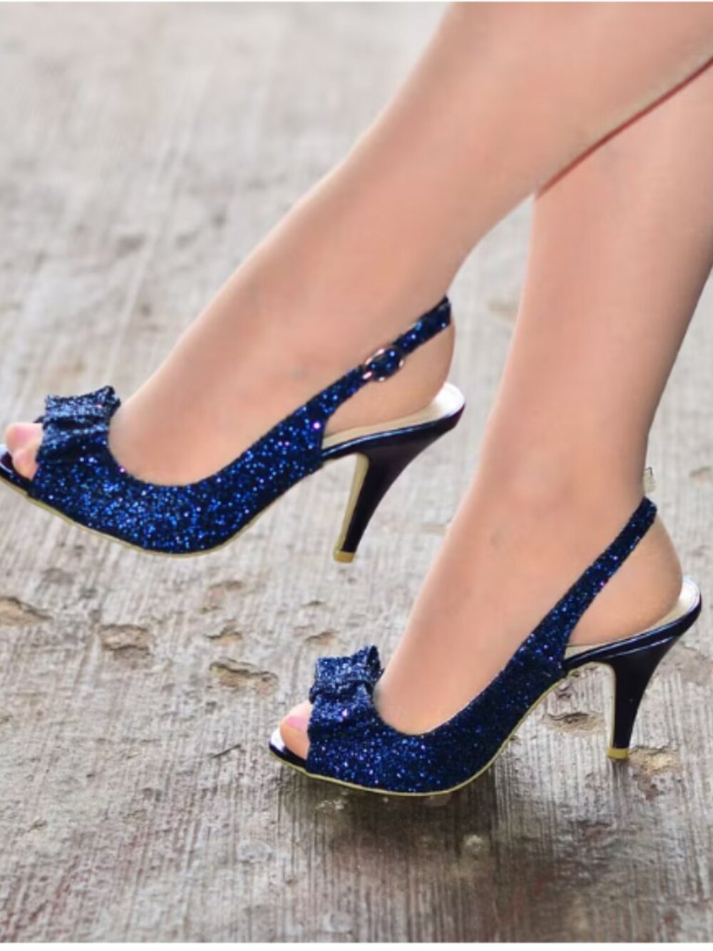 FSJ Navy Glitter Shoes Bow Slingback Cone Heel Sandals